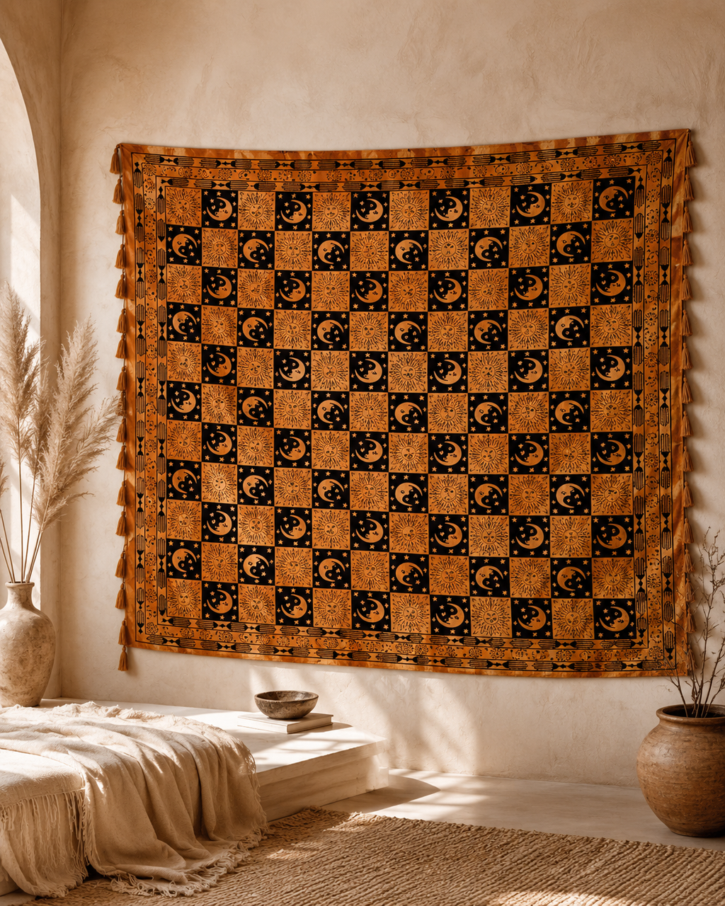 Celestial Checkerboard Cotton Tapestry