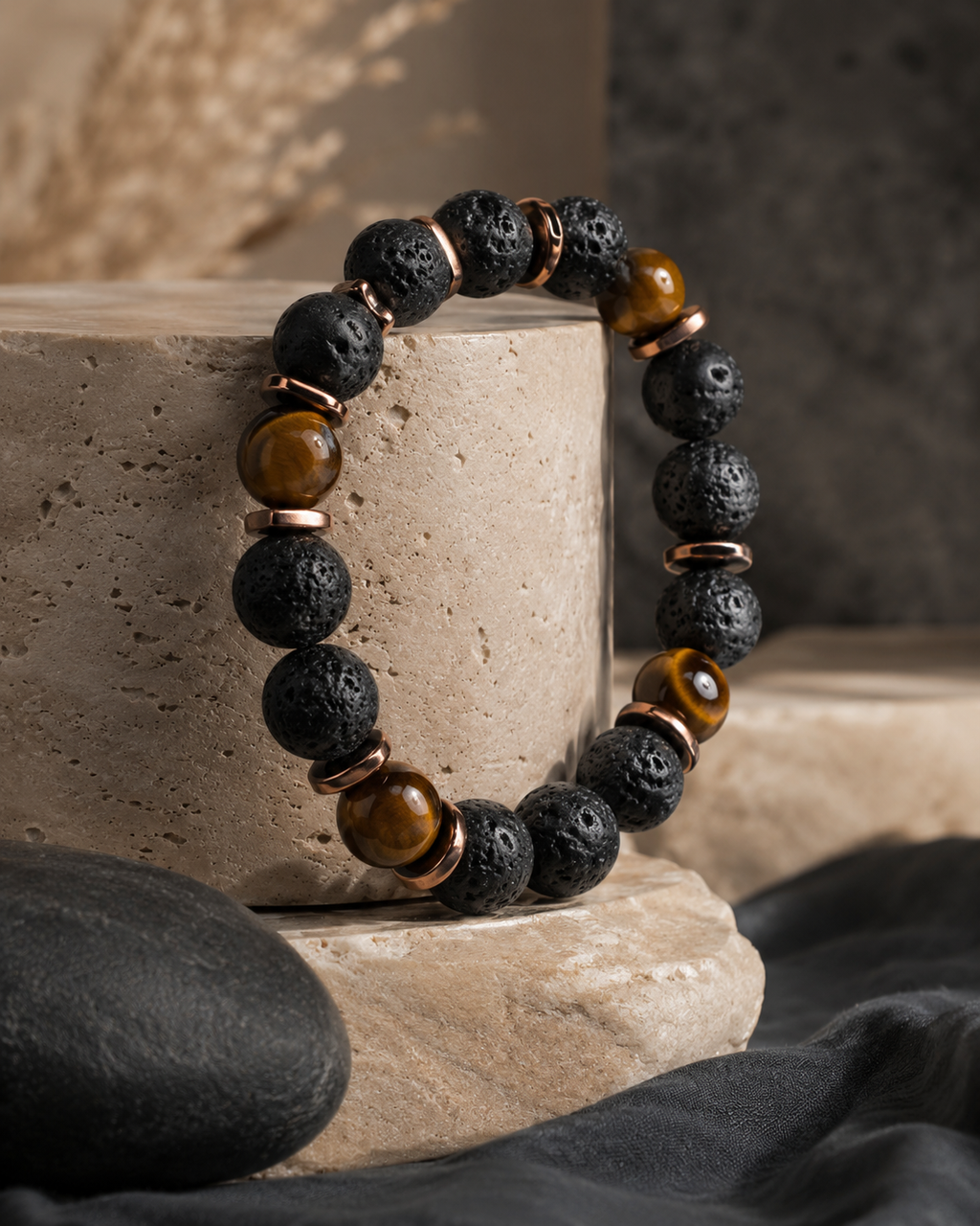 Black Lava & Tiger Eye Copper Spacer Bracelet