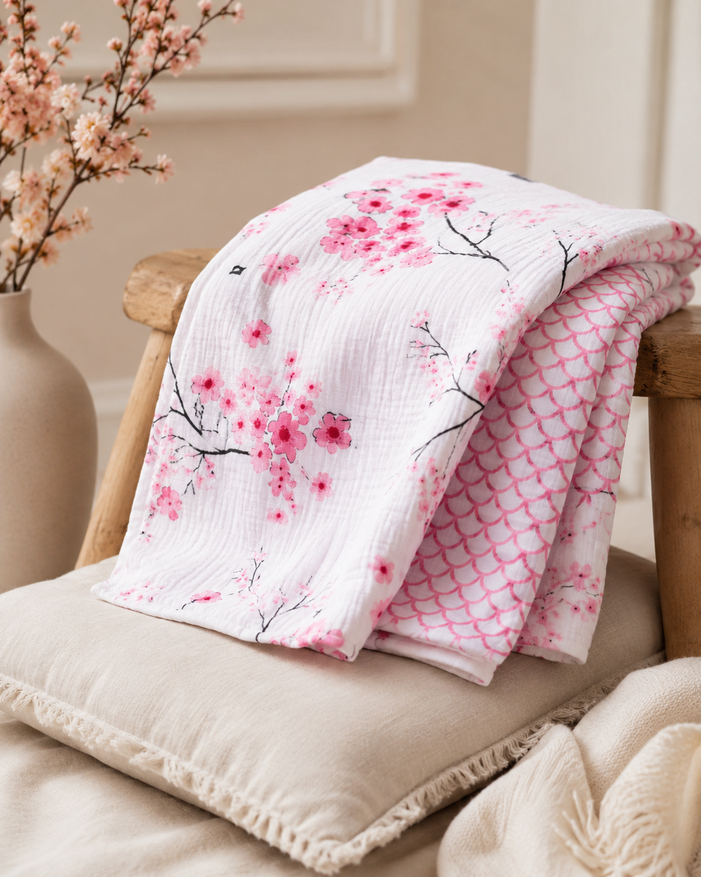 Cherry Blossom Organic Muslin Baby Blanket | GOTS Cotton