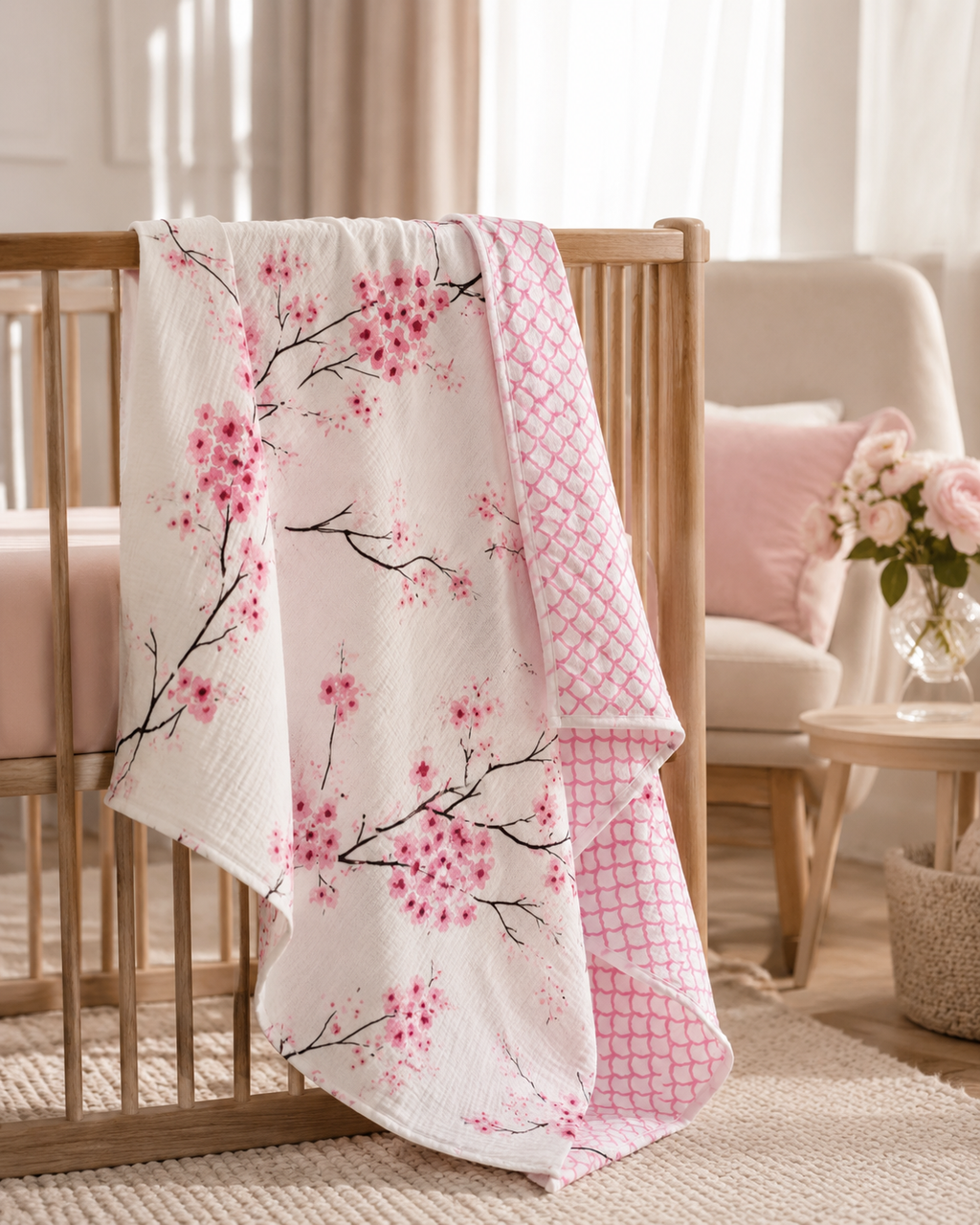 Cherry Blossom Organic Muslin Baby Blanket | GOTS Cotton