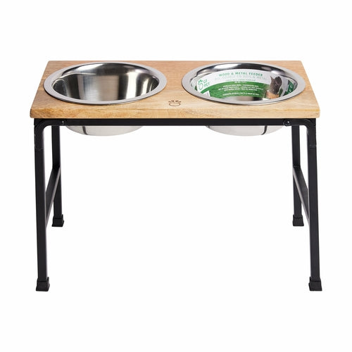 Mango Wood Elevated Pet Feeder | Stainless Steel Double Bowls