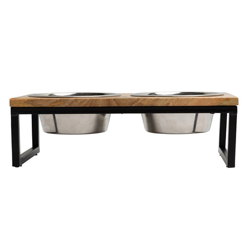 Mango Wood Elevated Pet Feeder | Stainless Steel Double Bowls S
