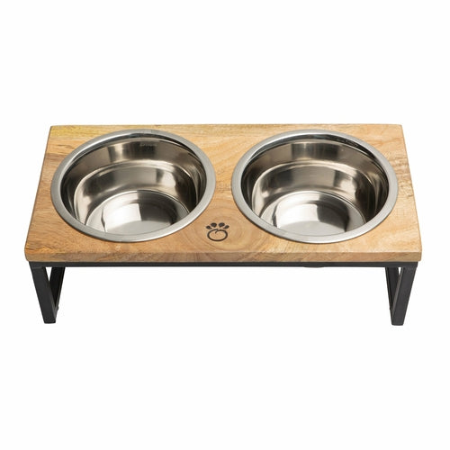 Mango Wood Elevated Pet Feeder | Stainless Steel Double Bowls