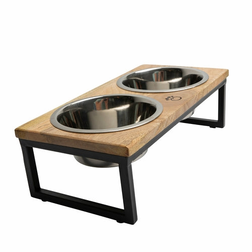 Mango Wood Elevated Pet Feeder | Stainless Steel Double Bowls