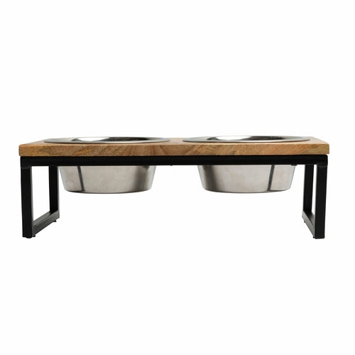 Mango Wood Elevated Pet Feeder | Stainless Steel Double Bowls