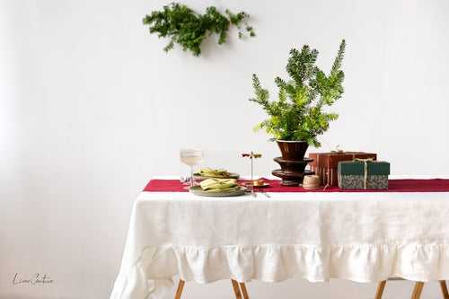 White European Linen Ruffle Tablecloth