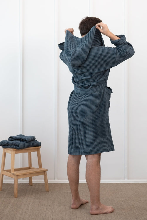 European Linen Waffle Hooded Robe