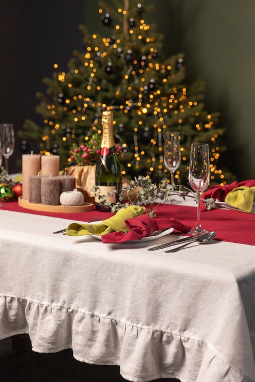 White European Linen Ruffle Tablecloth