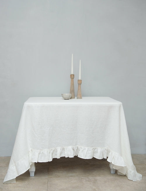 White European Linen Ruffle Tablecloth