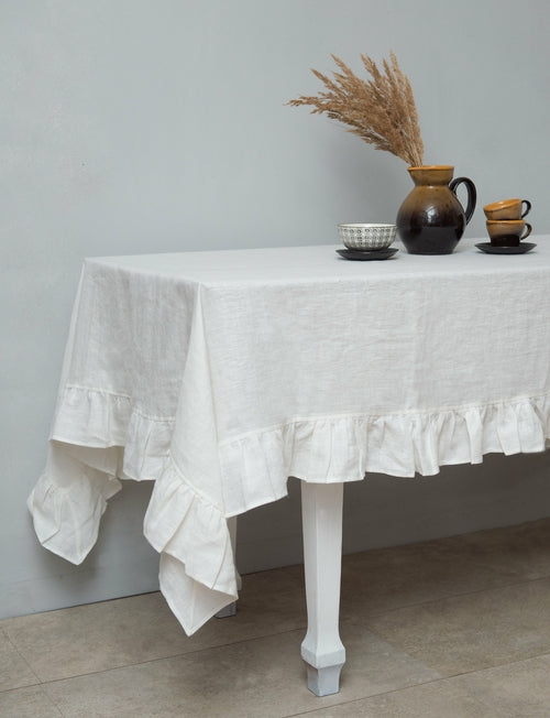 White European Linen Ruffle Tablecloth