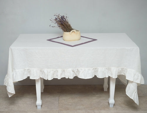 White European Linen Ruffle Tablecloth