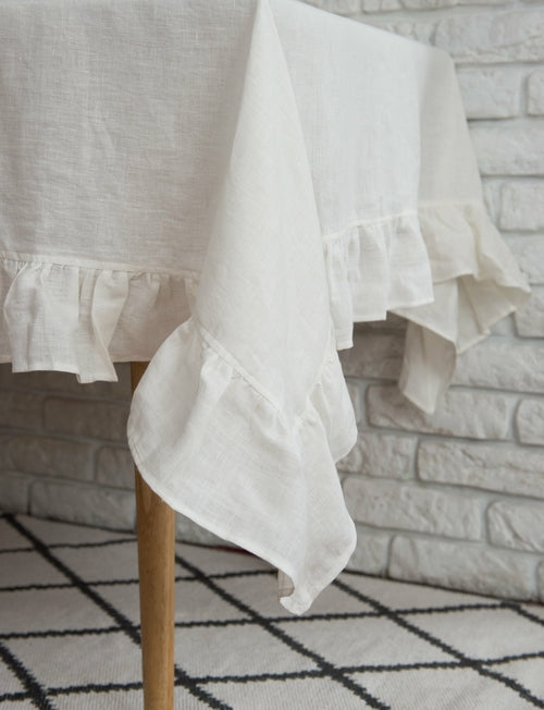 White European Linen Ruffle Tablecloth