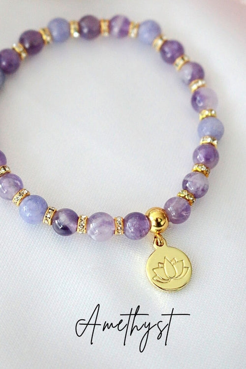 Natural Stone Lotus Charm Bracelet | Rose Quartz & Amethyst