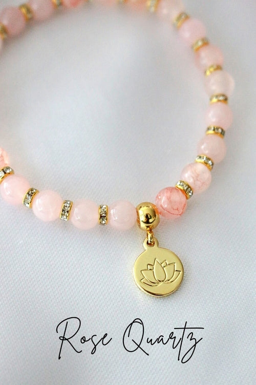 Natural Stone Lotus Charm Bracelet | Rose Quartz & Amethyst