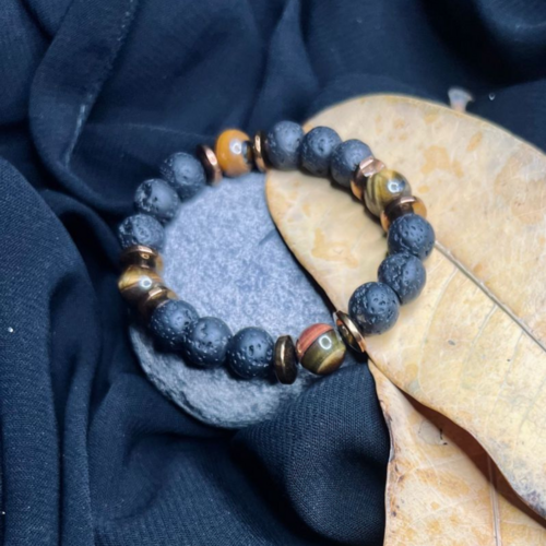 Black Lava & Tiger Eye Copper Spacer Bracelet