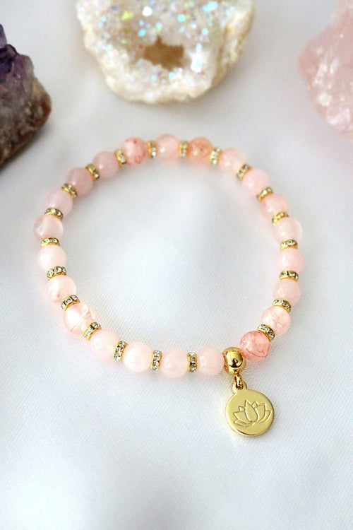 Natural Stone Lotus Charm Bracelet | Rose Quartz & Amethyst