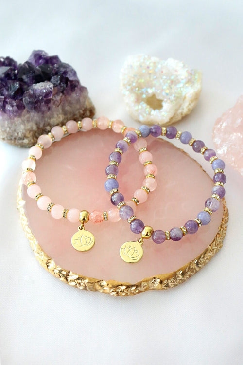 Natural Stone Lotus Charm Bracelet | Rose Quartz & Amethyst