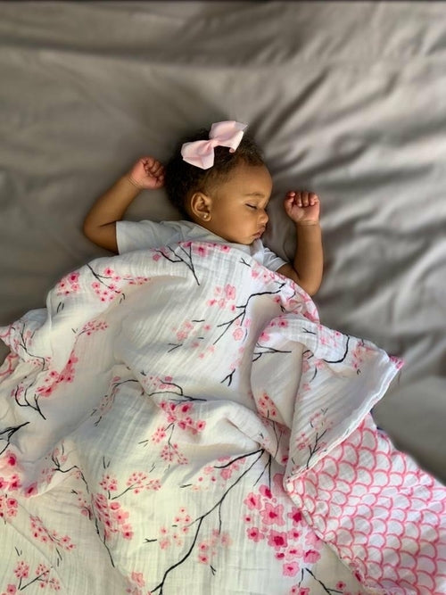 Cherry Blossom Organic Muslin Baby Blanket | GOTS Cotton